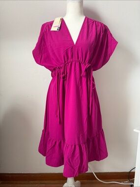 Dokotoo Fuchsia V-Neck Drawstring Midi Dress